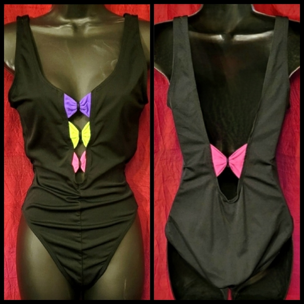 Vtg 80s black neon bows deep v cut front back high thigh cut bikini swimsuit M